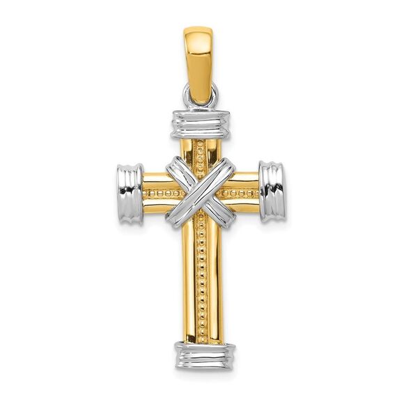 14k Yellow and White Gold Two Tone Rope Cross Pendant - Picture 1 of 5